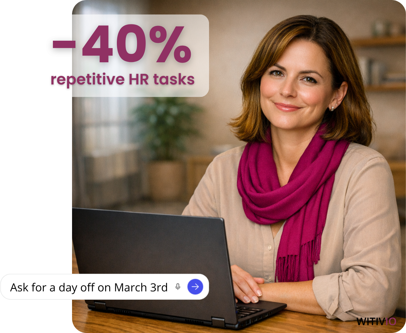 HR professional at her desk, confident and approachable, wearing a magenta scarf in a warm modern office