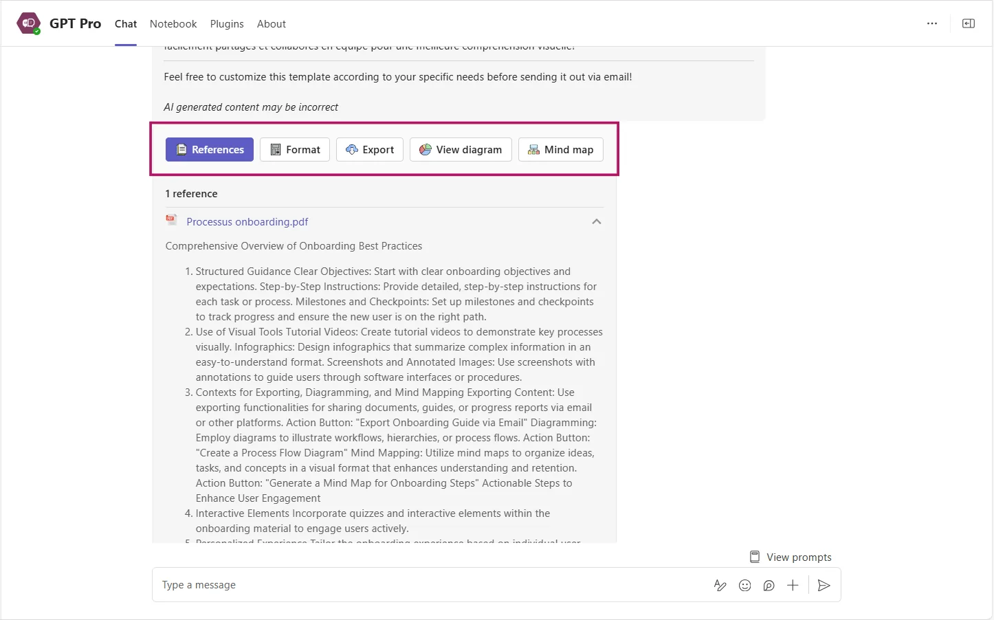 Action bar under an agent answer in Teams with sources, table, export and diagram options