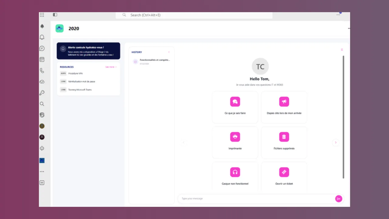 AI Desk Pro Cockpit tab in Microsoft Teams with the chat, resources and conversation history