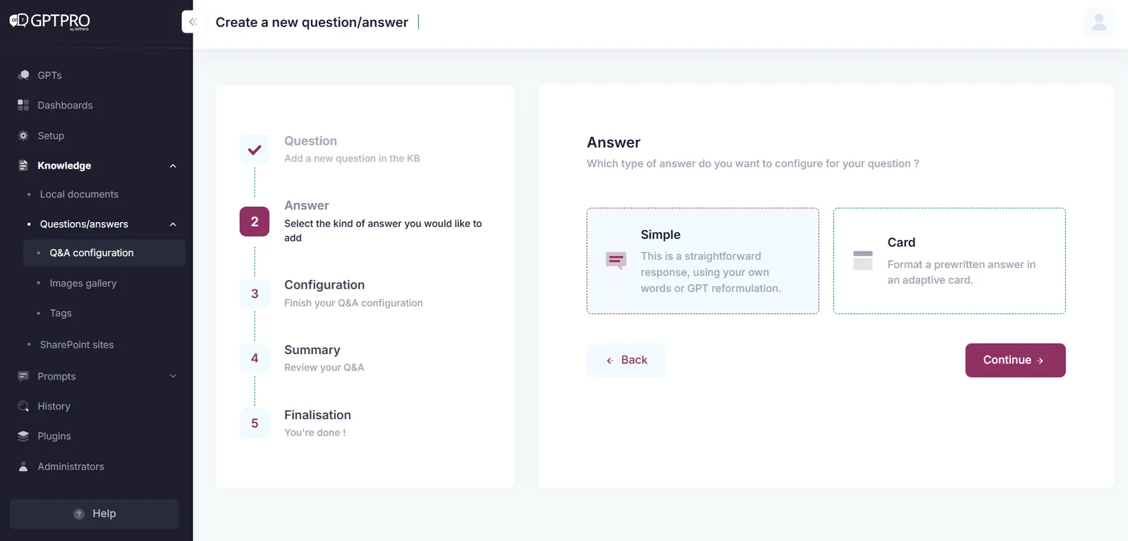 Answer type selection in AI Desk Pro: plain text, rich card or guided dialog
