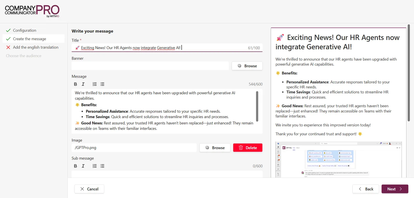 AI Desk Pro Push Communication editor with audience targeting and scheduling options