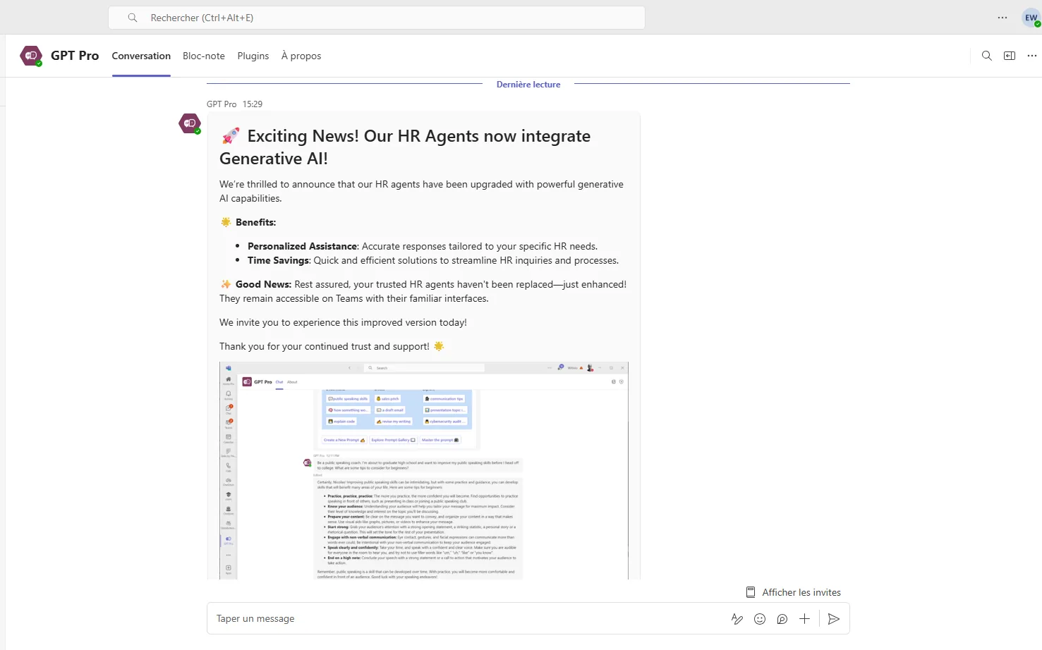 HR communication pushed into Microsoft Teams by AI Desk Pro, with a title, a visual and an action button