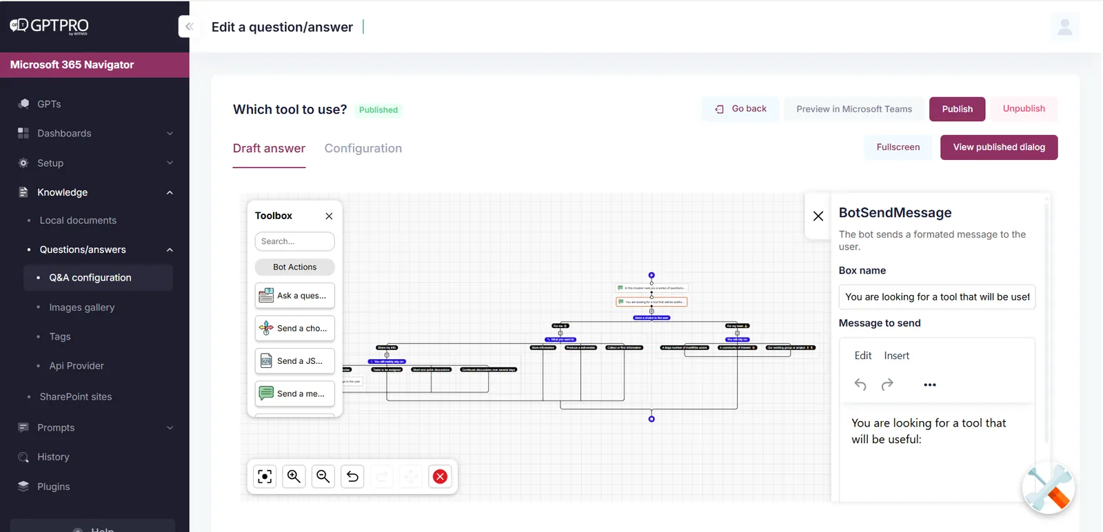 AI Desk Pro guided dialog editor used to build a step-by-step HR onboarding journey