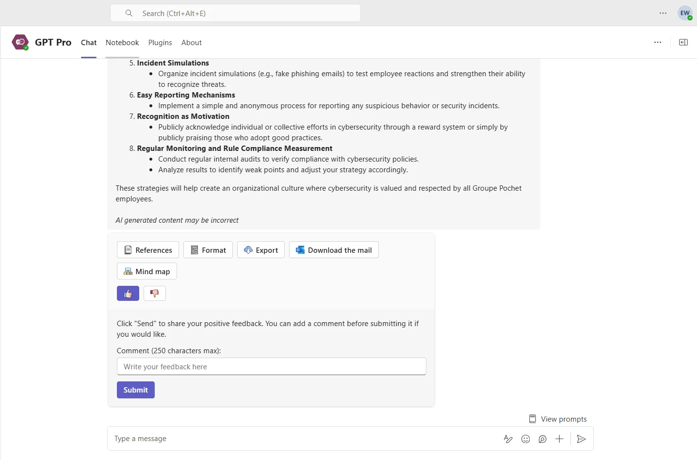 Thumbs up or thumbs down rating offered to employees under an HR agent answer in Teams