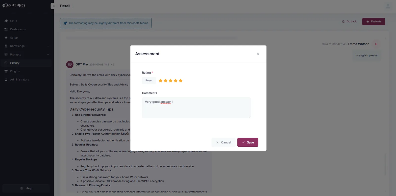 AI Desk Pro conversation history with an administrator rating one of the answers