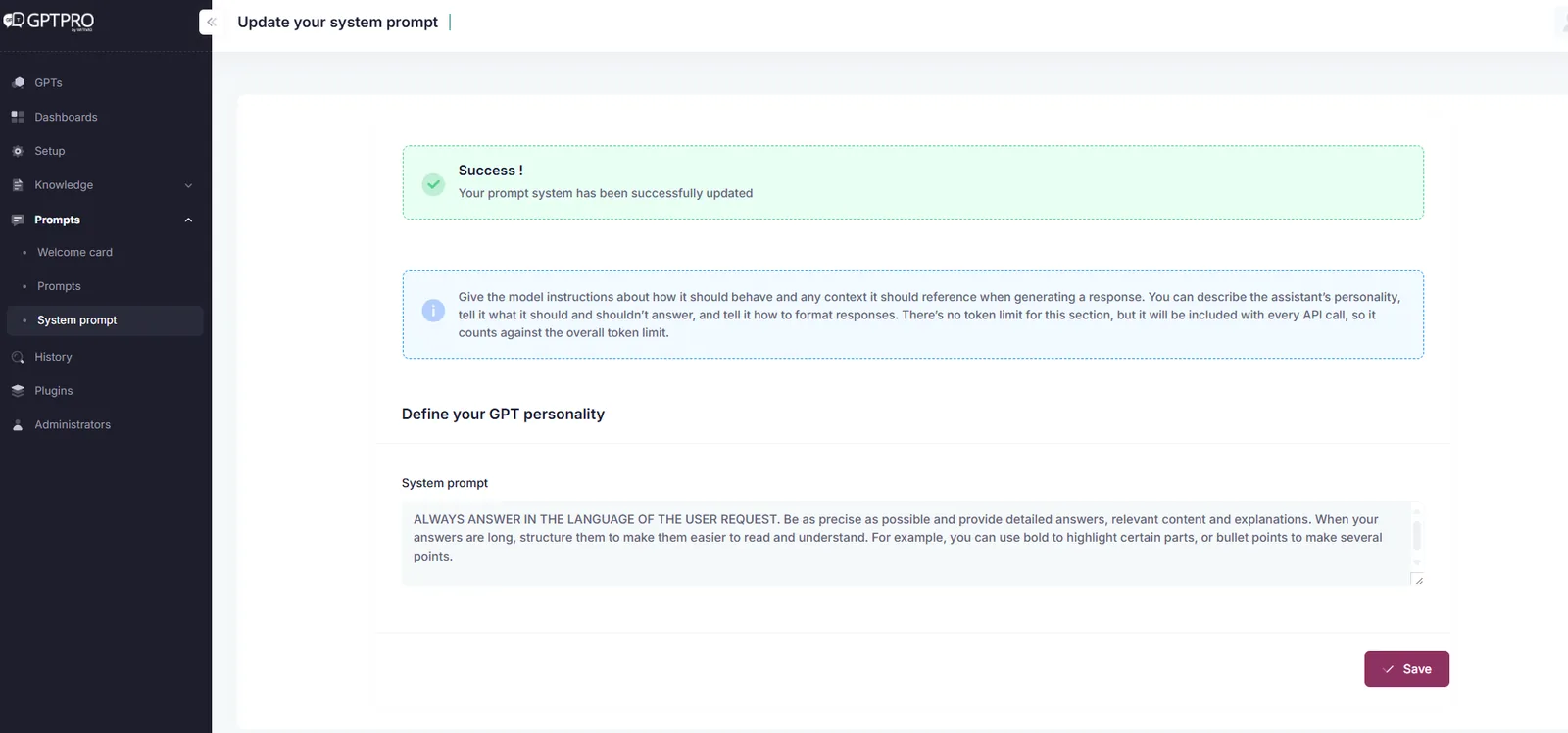 Instruction panel of an AI Desk Pro agent with tone, answering rules and business vocabulary