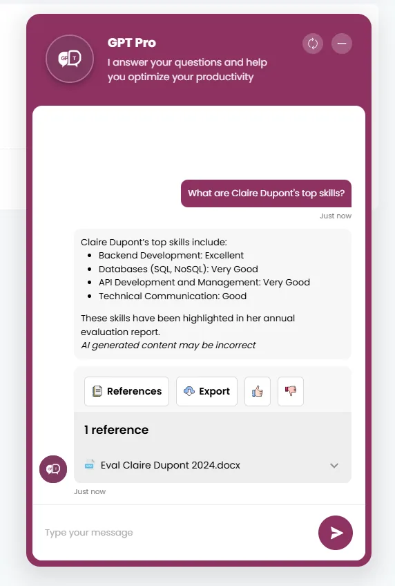 AI Desk Pro webchat on a website, showing an answer together with its cited sources