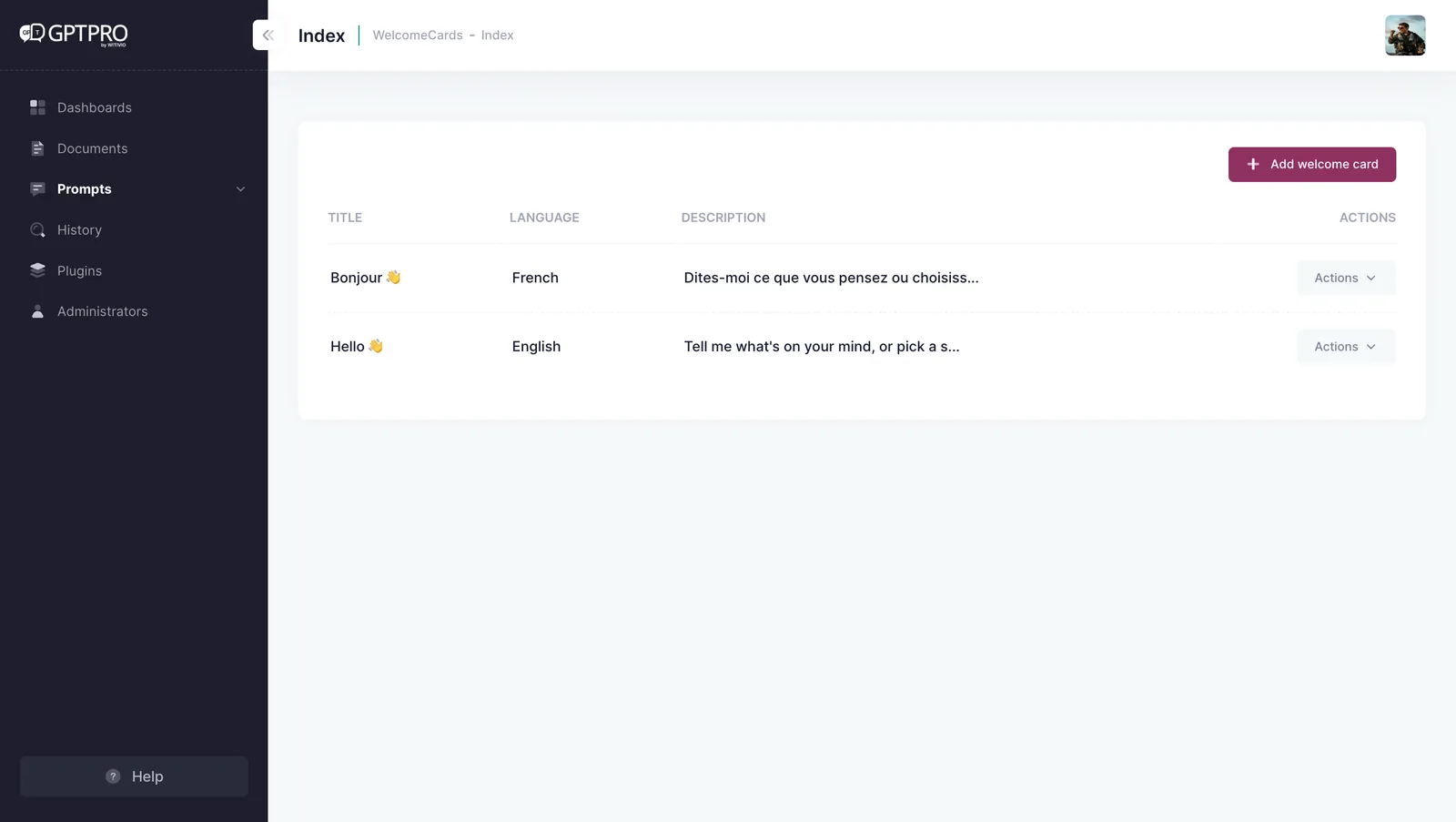 Welcome card configuration of an AI Desk Pro agent with its starter questions