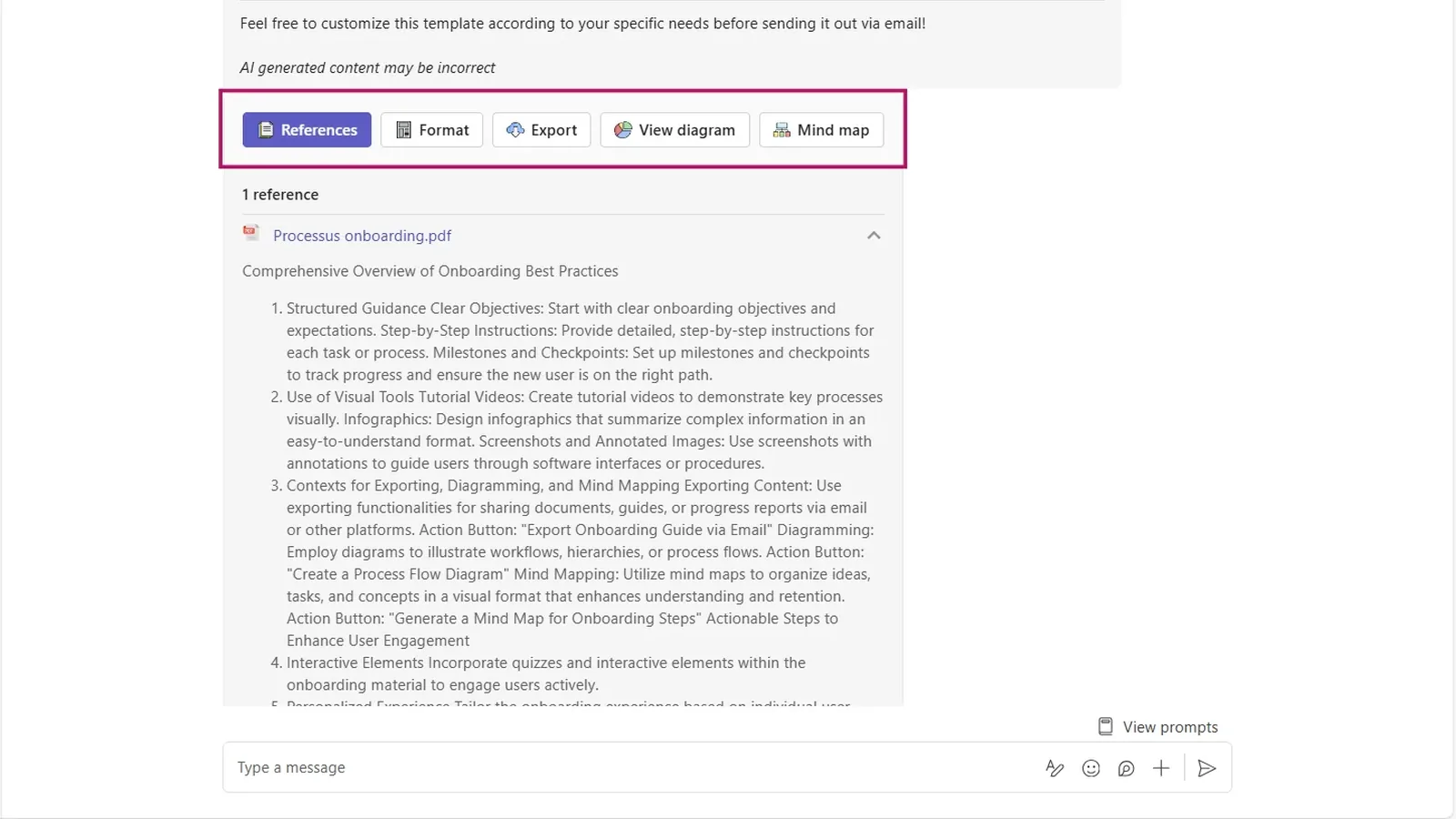 AI Desk Pro conversation in Microsoft Teams with the References panel open on the document Processus onboarding.pdf