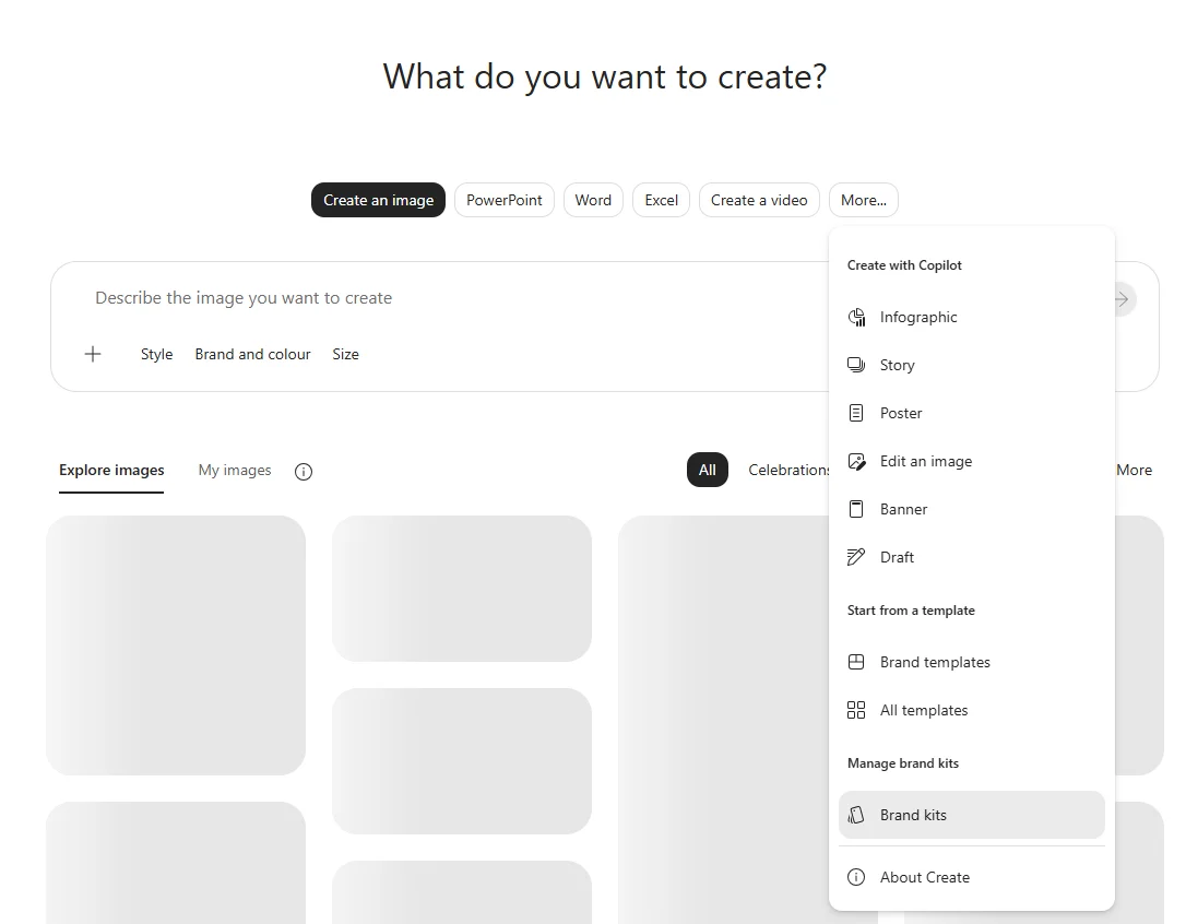 Microsoft 365 Copilot Create More menu with the Brand kits option under Manage brand kits