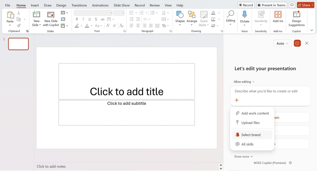Selecting a Brand Kit from the Copilot pane in PowerPoint via the Select brand option in the + menu