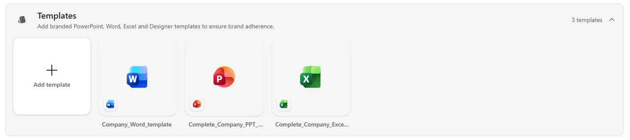 Templates section of a Microsoft 365 Copilot Brand Kit with a Word template, a PowerPoint template, and an Excel template added