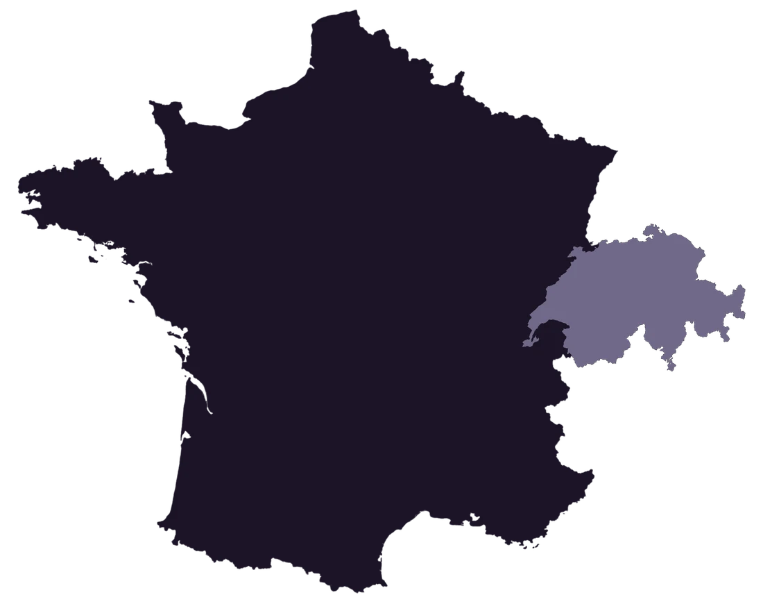 Map of France and Switzerland with Witivio hub locations in Lyon, Marseille, Paris and Bulle